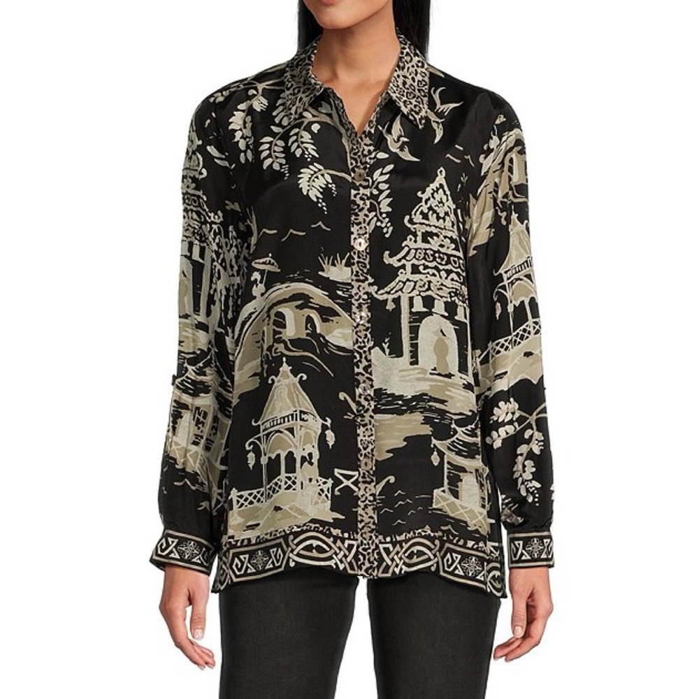 John Mark Button Front Tunic Blouse Shirt Black Mix Print size XL